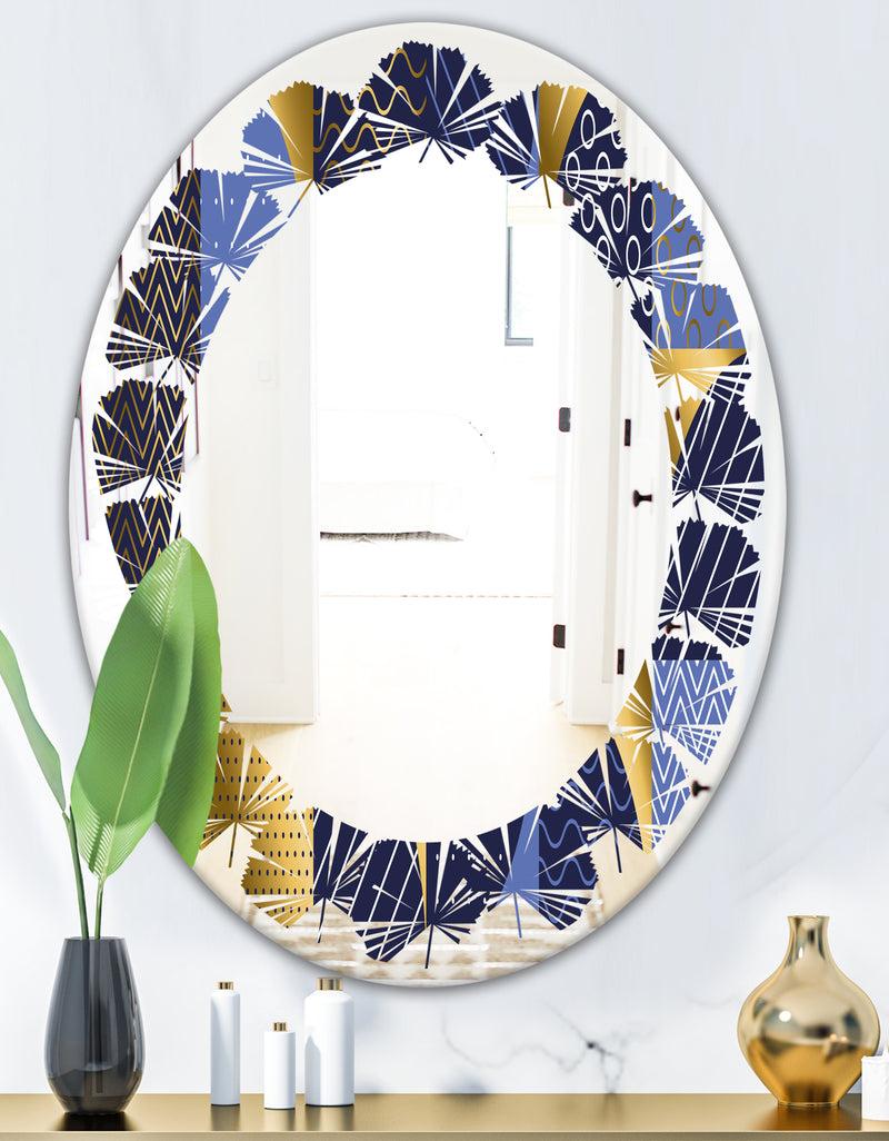 DesignQ Retro Luxury Waves In Gold And Blue IV - Modern Round Or Oval Wall Mirror - Leaves