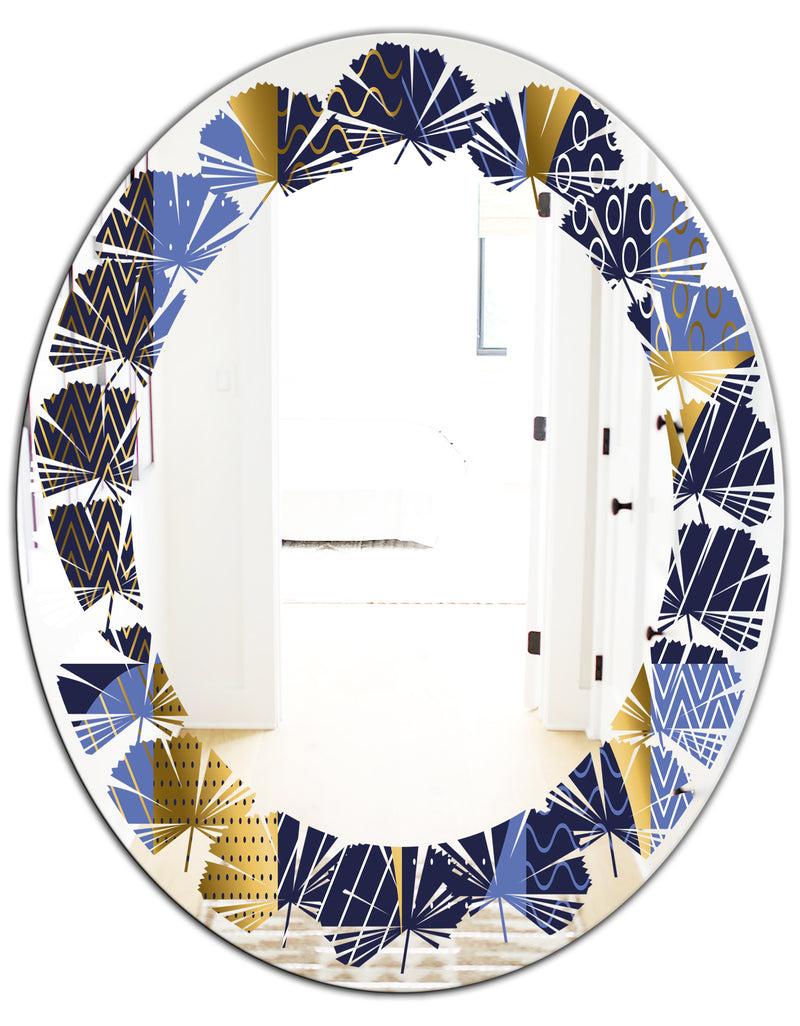 DesignQ Retro Luxury Waves In Gold And Blue IV - Modern Round Or Oval Wall Mirror - Leaves