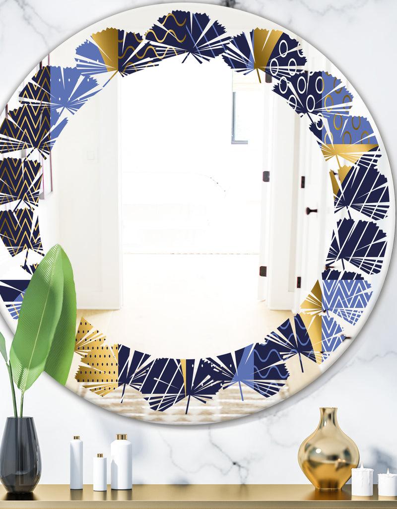 DesignQ Retro Luxury Waves In Gold and Blue IV - Modern Round or Oval Wall Mirror - Leaves