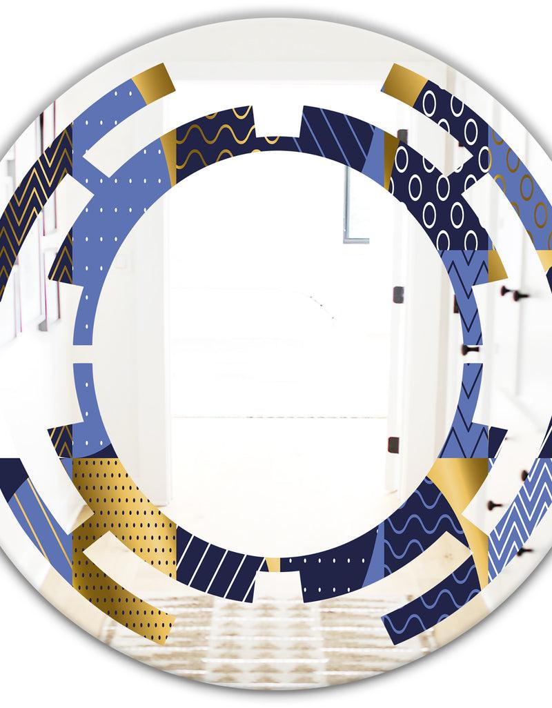 DesignQ Retro Luxury Waves In Gold And Blue IV - Modern Round Or Oval Wall Mirror - Space
