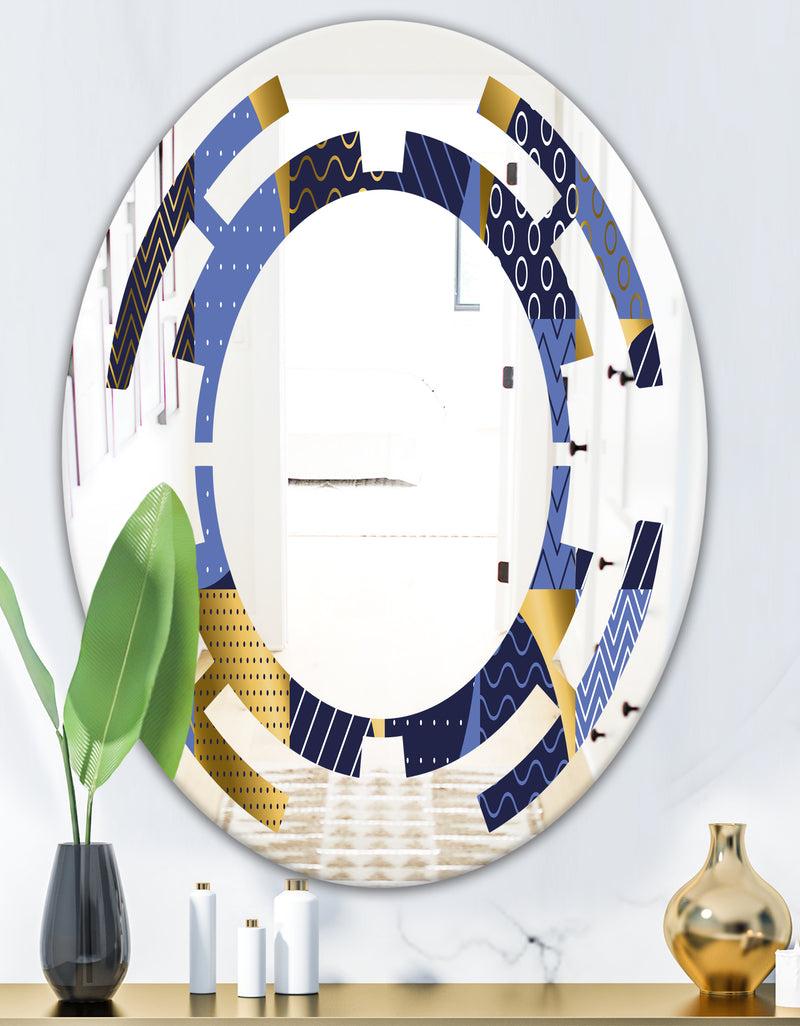 DesignQ Retro Luxury Waves In Gold And Blue IV - Modern Round Or Oval Wall Mirror - Space