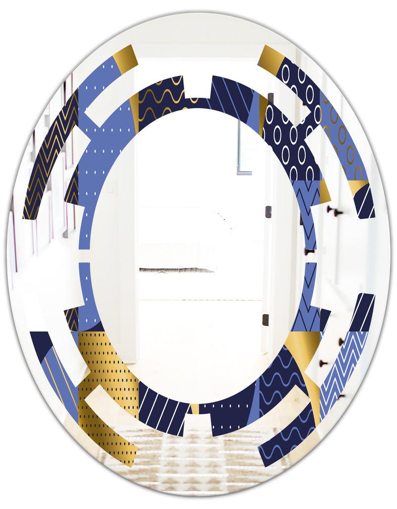 DesignQ Retro Luxury Waves In Gold And Blue IV - Modern Round Or Oval Wall Mirror - Space