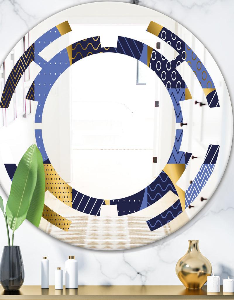 DesignQ Retro Luxury Waves In Gold and Blue IV - Modern Round or Oval Wall Mirror - Space