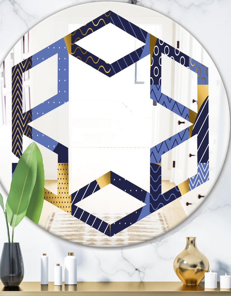 DesignQ Retro Luxury Waves In Gold and Blue IV - Modern Round or Oval Wall Mirror - Hexagon Star