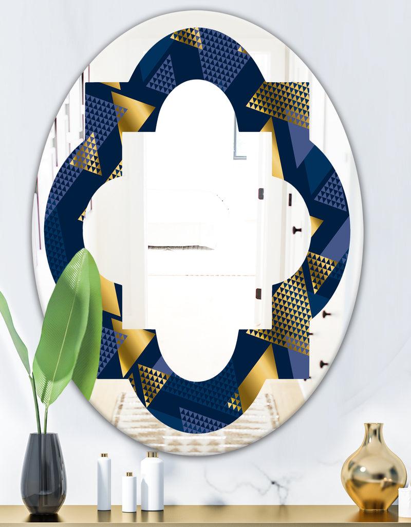 DesignQ Retro Luxury Waves In Gold And Blue IX - Modern Round Or Oval Wall Mirror - Quatrefoil