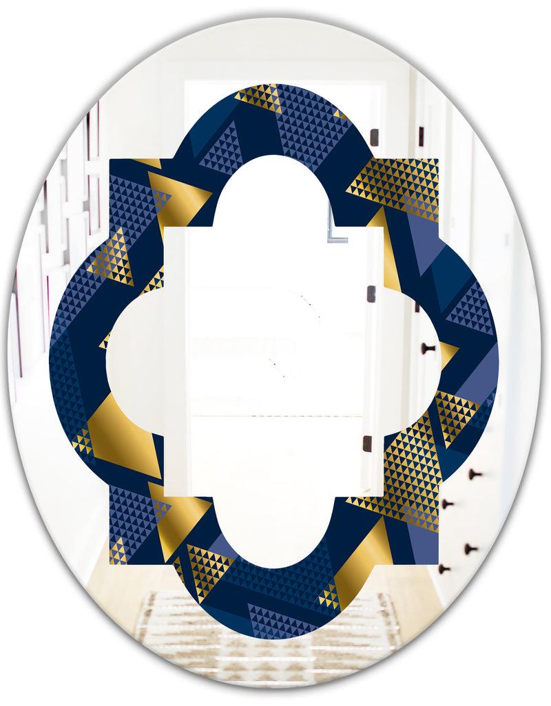 DesignQ Retro Luxury Waves In Gold And Blue IX - Modern Round Or Oval Wall Mirror - Quatrefoil