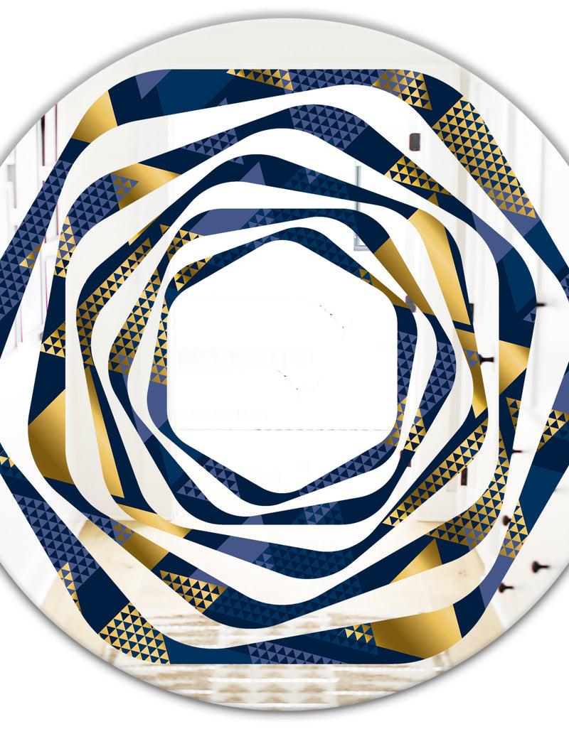 DesignQ Retro Luxury Waves In Gold And Blue IX - Modern Round Or Oval Wall Mirror - Whirl