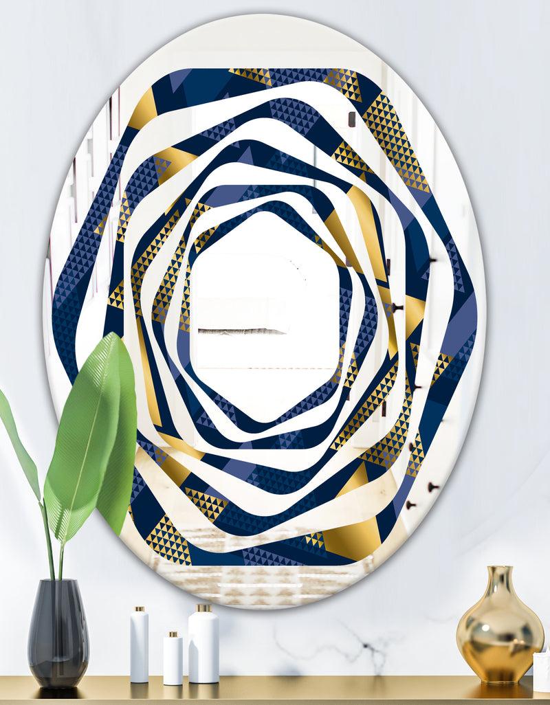 DesignQ Retro Luxury Waves In Gold And Blue IX - Modern Round Or Oval Wall Mirror - Whirl