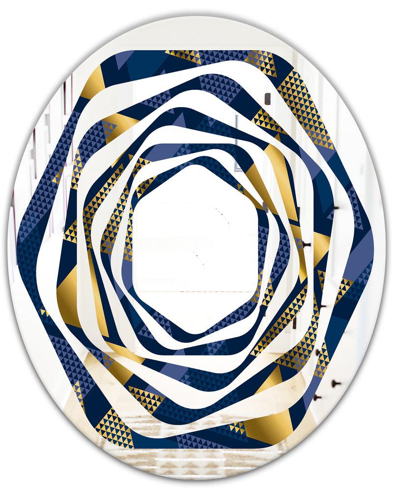 DesignQ Retro Luxury Waves In Gold And Blue IX - Modern Round Or Oval Wall Mirror - Whirl