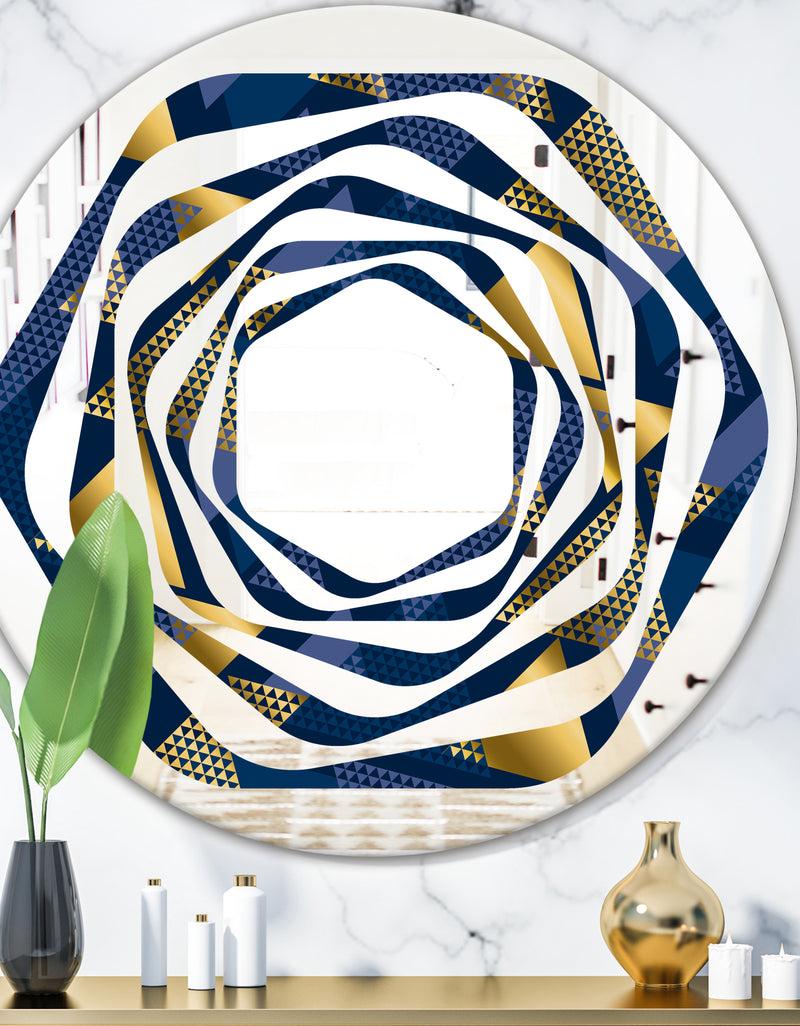 DesignQ Retro Luxury Waves In Gold and Blue IX - Modern Round or Oval Wall Mirror - Whirl