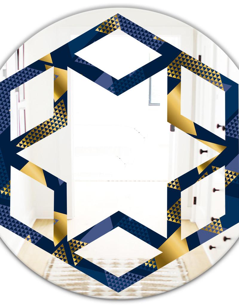 DesignQ Retro Luxury Waves In Gold And Blue IX - Modern Round Or Oval Wall Mirror - Hexagon Star