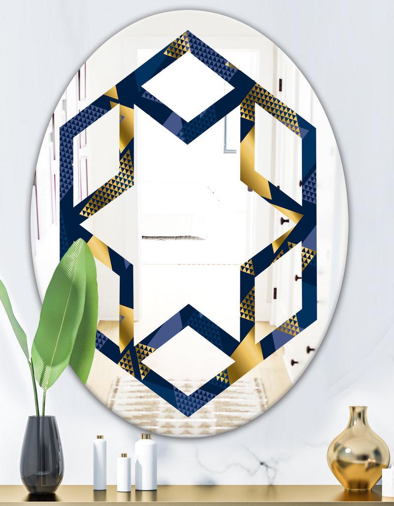 DesignQ Retro Luxury Waves In Gold And Blue IX - Modern Round Or Oval Wall Mirror - Hexagon Star