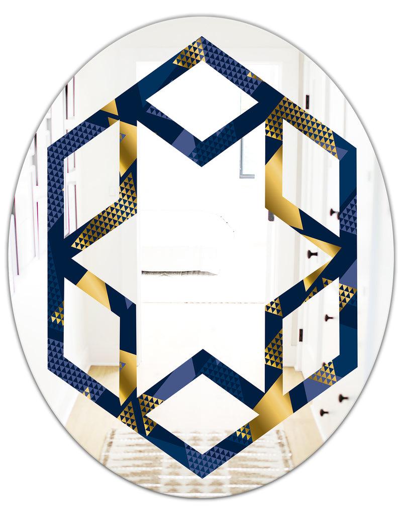DesignQ Retro Luxury Waves In Gold And Blue IX - Modern Round Or Oval Wall Mirror - Hexagon Star