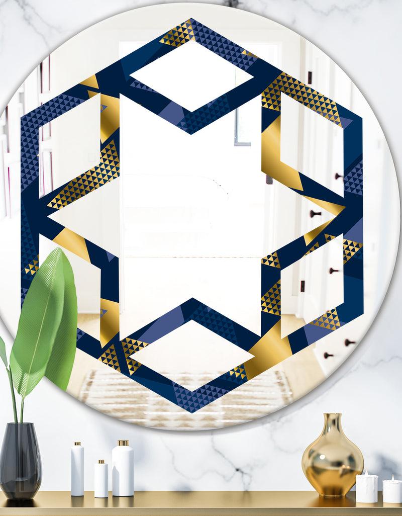 DesignQ Retro Luxury Waves In Gold and Blue IX - Modern Round or Oval Wall Mirror - Hexagon Star