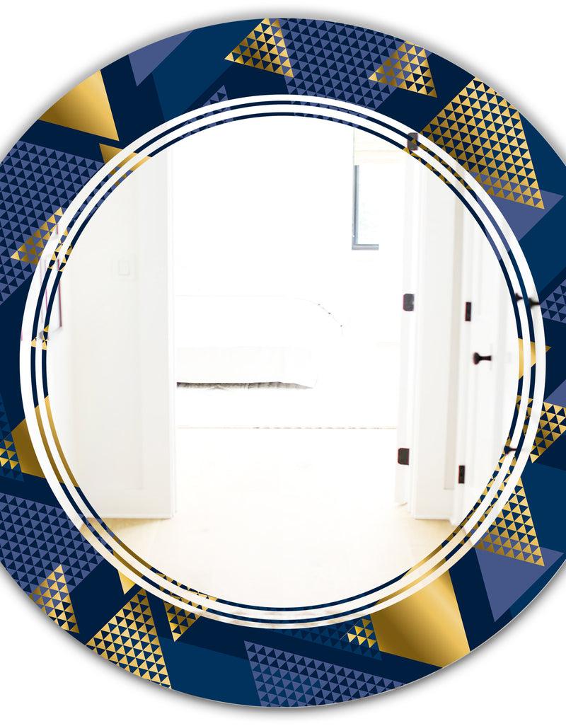 DesignQ Retro Luxury Waves In Gold And Blue IX - Modern Round Or Oval Wall Mirror - Triple C