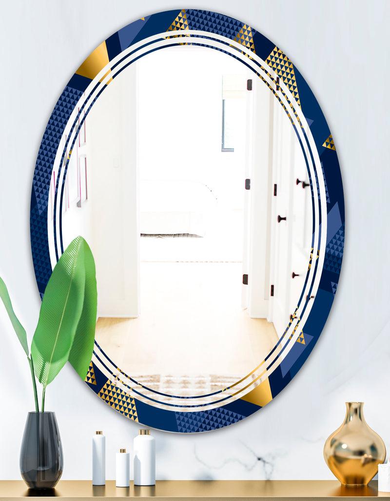 DesignQ Retro Luxury Waves In Gold And Blue IX - Modern Round Or Oval Wall Mirror - Triple C