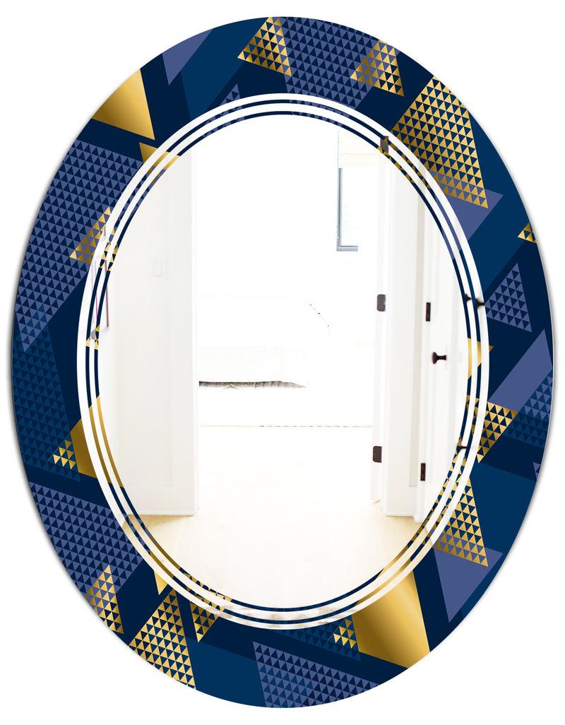 DesignQ Retro Luxury Waves In Gold And Blue IX - Modern Round Or Oval Wall Mirror - Triple C