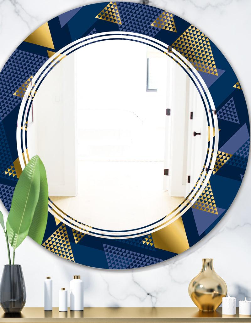 DesignQ Retro Luxury Waves In Gold and Blue IX - Modern Round or Oval Wall Mirror - Triple C
