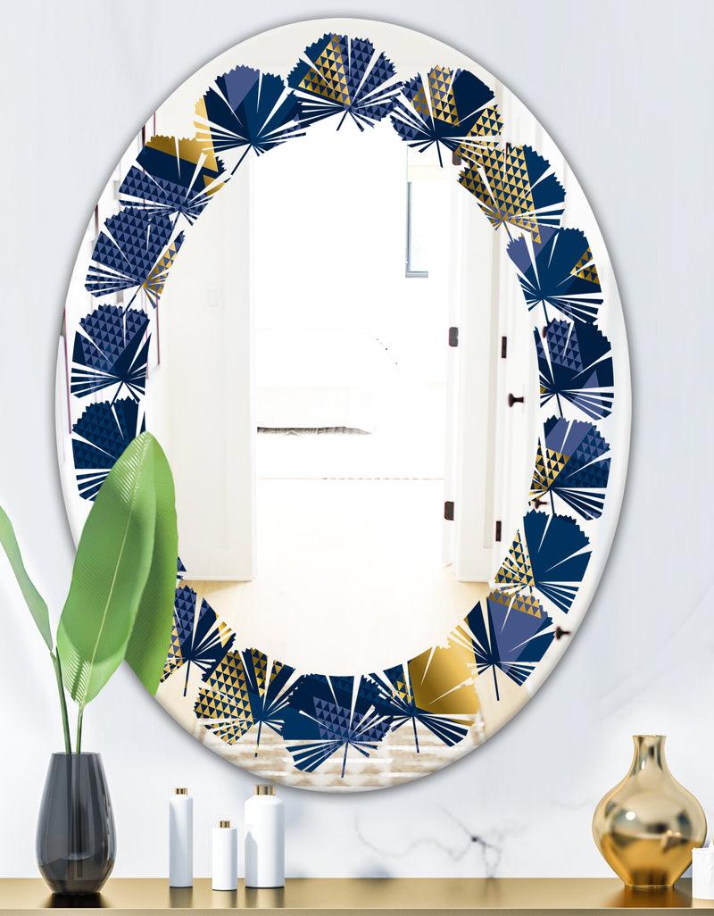 DesignQ Retro Luxury Waves In Gold And Blue IX - Modern Round Or Oval Wall Mirror - Leaves
