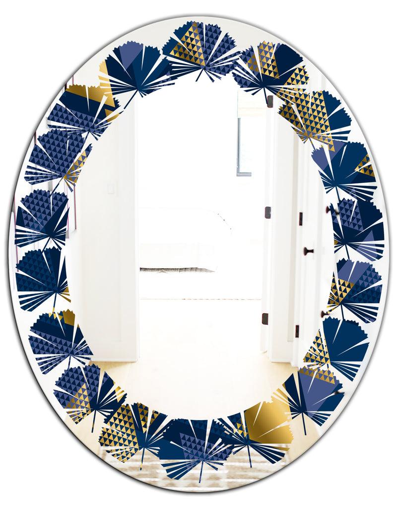 DesignQ Retro Luxury Waves In Gold And Blue IX - Modern Round Or Oval Wall Mirror - Leaves