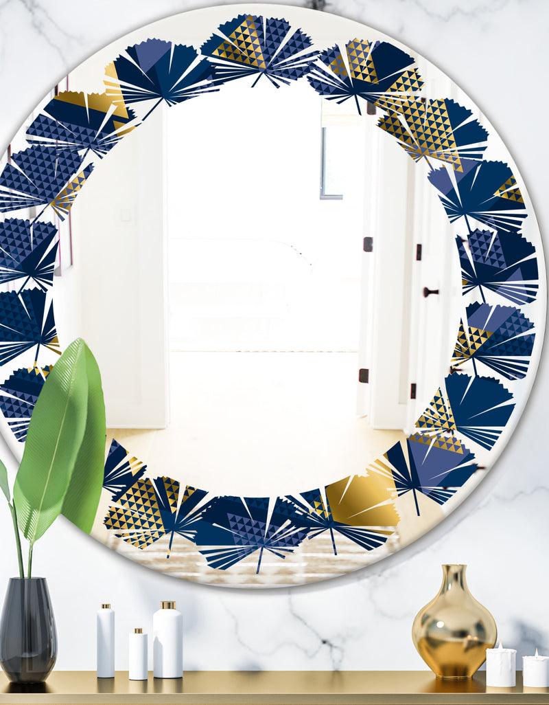 DesignQ Retro Luxury Waves In Gold and Blue IX - Modern Round or Oval Wall Mirror - Leaves