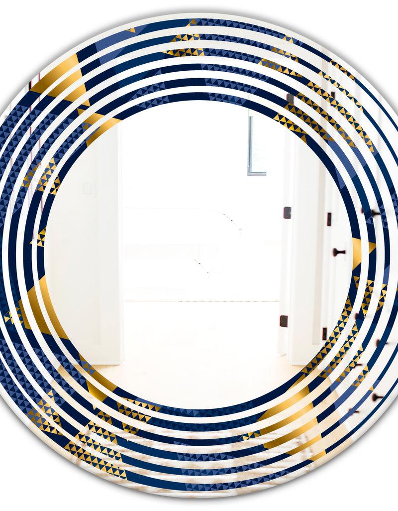 DesignQ Retro Luxury Waves In Gold And Blue IX - Modern Round Or Oval Wall Mirror - Wave