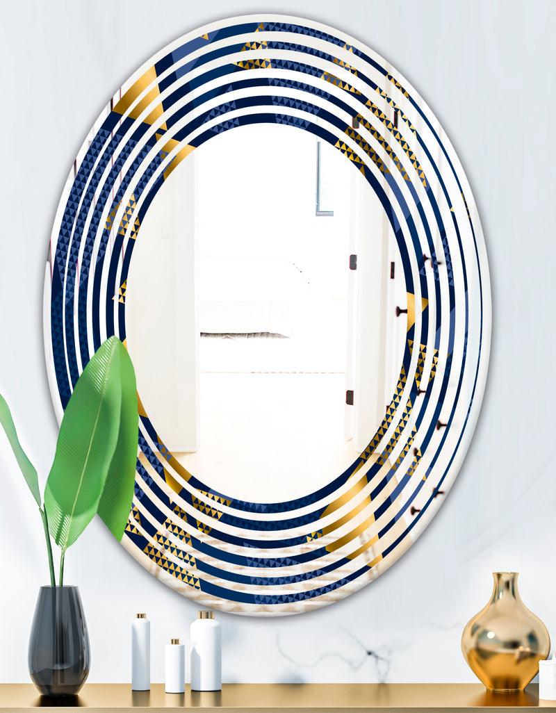 DesignQ Retro Luxury Waves In Gold And Blue IX - Modern Round Or Oval Wall Mirror - Wave