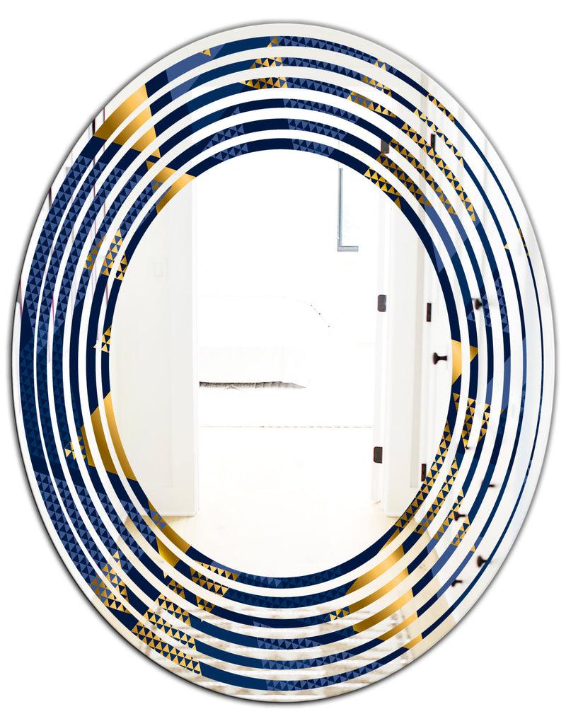 DesignQ Retro Luxury Waves In Gold And Blue IX - Modern Round Or Oval Wall Mirror - Wave