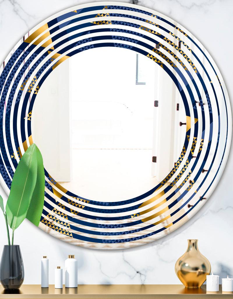 DesignQ Retro Luxury Waves In Gold and Blue IX - Modern Round or Oval Wall Mirror - Wave