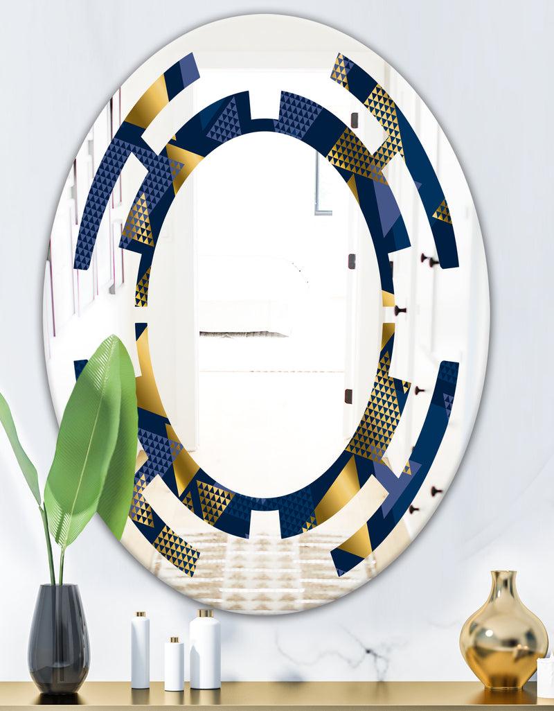 DesignQ Retro Luxury Waves In Gold And Blue IX - Modern Round Or Oval Wall Mirror - Space