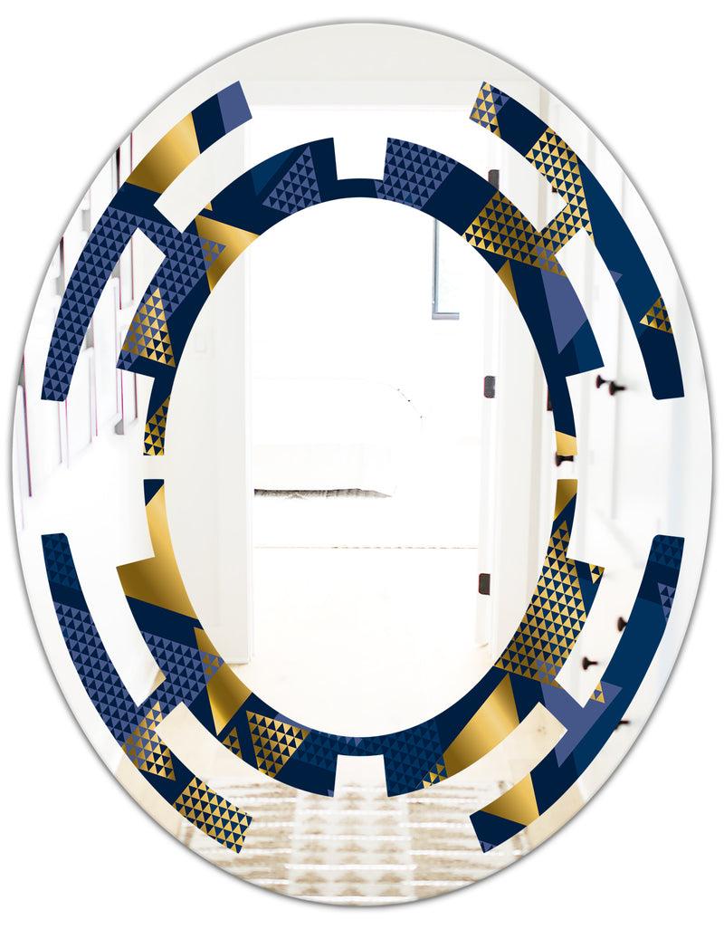 DesignQ Retro Luxury Waves In Gold And Blue IX - Modern Round Or Oval Wall Mirror - Space