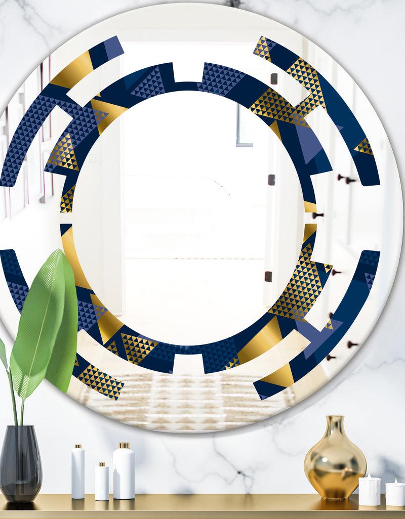 DesignQ Retro Luxury Waves In Gold and Blue IX - Modern Round or Oval Wall Mirror - Space