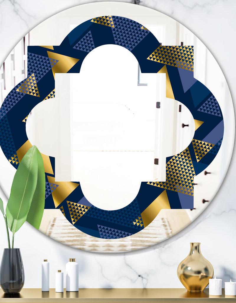 DesignQ Retro Luxury Waves In Gold and Blue IX - Modern Round or Oval Wall Mirror - Quatrefoil