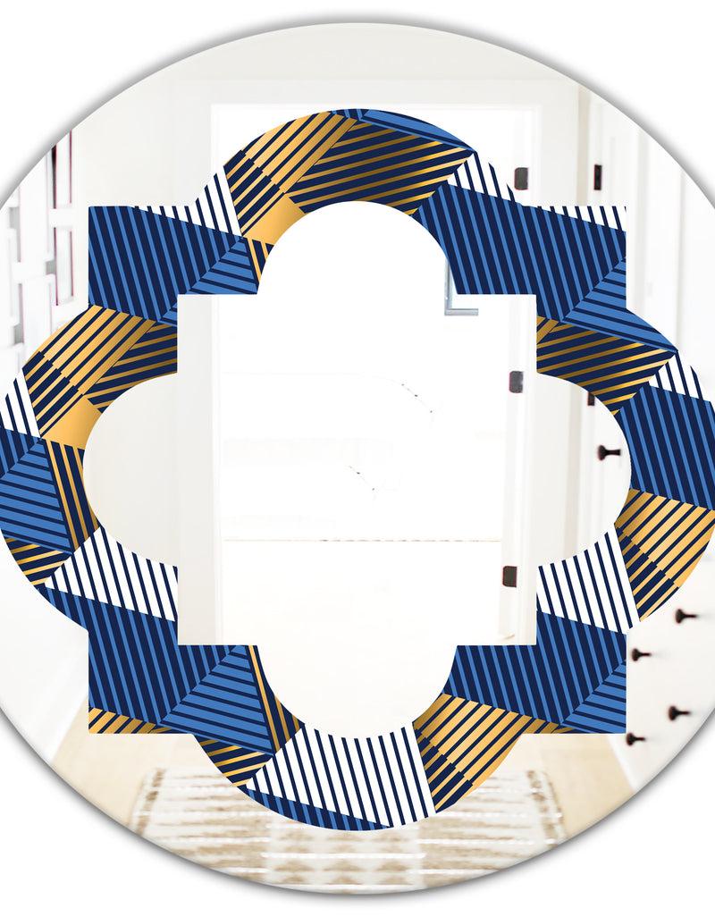DesignQ Retro Luxury Waves In Gold And Blue V - Modern Round Or Oval Wall Mirror - Quatrefoil
