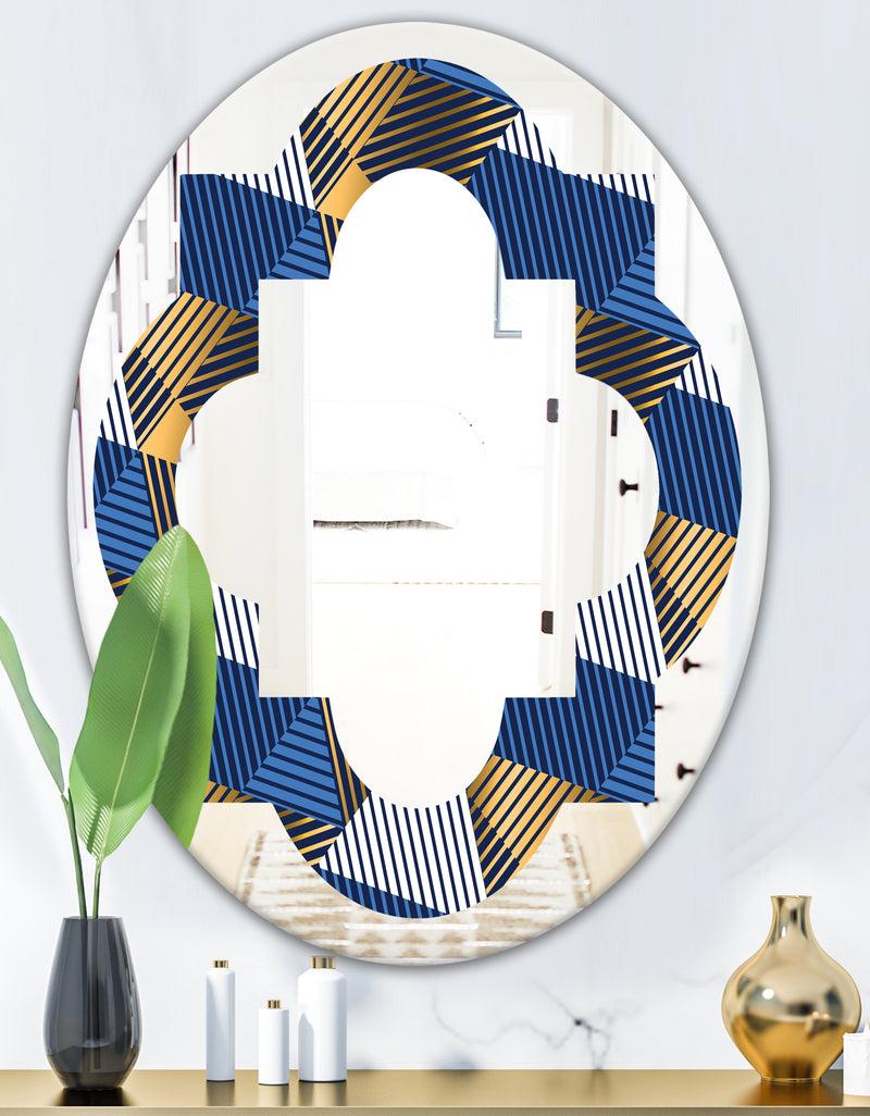 DesignQ Retro Luxury Waves In Gold And Blue V - Modern Round Or Oval Wall Mirror - Quatrefoil