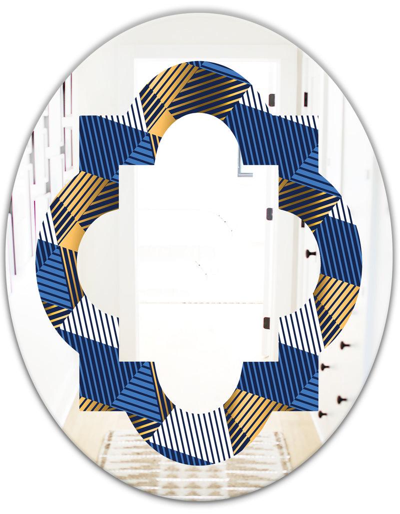 DesignQ Retro Luxury Waves In Gold And Blue V - Modern Round Or Oval Wall Mirror - Quatrefoil