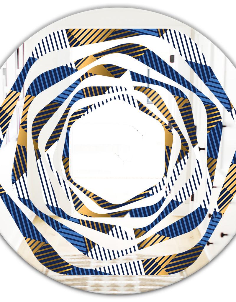 DesignQ Retro Luxury Waves In Gold And Blue V - Modern Round Or Oval Wall Mirror - Whirl