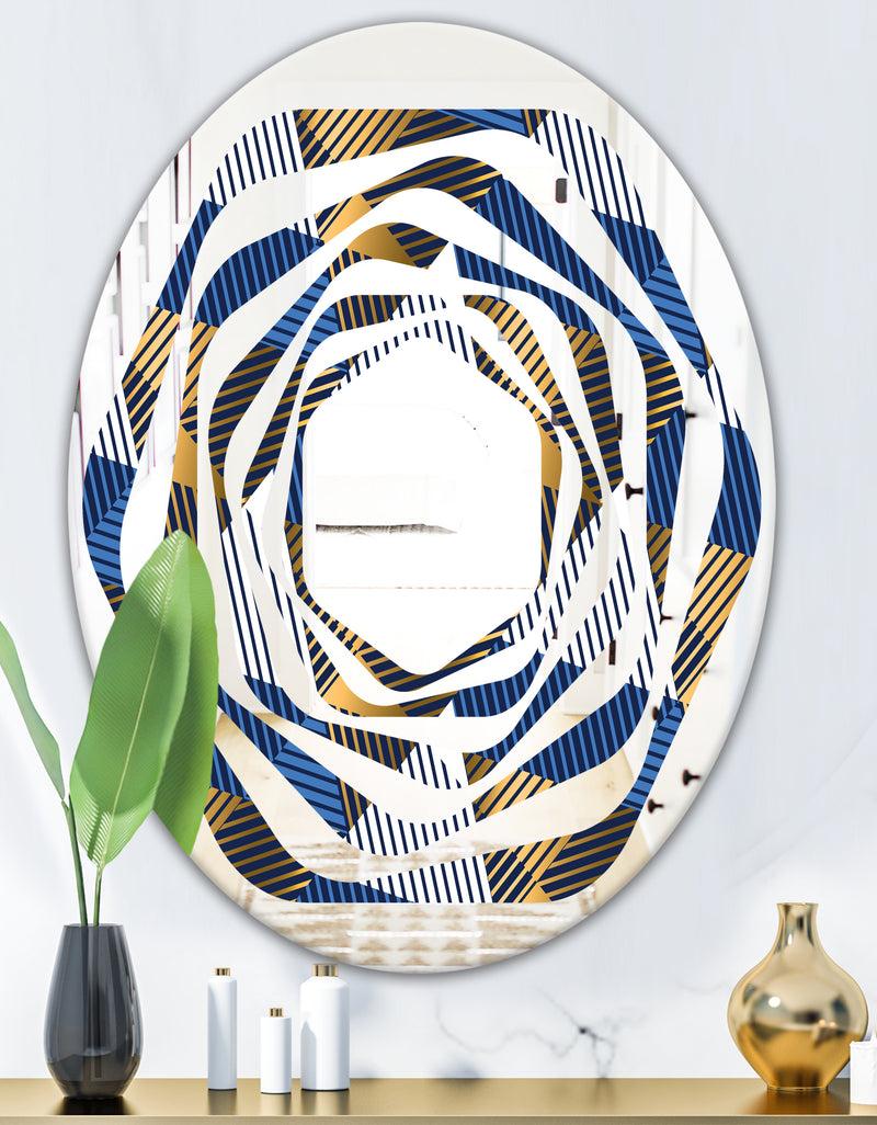 DesignQ Retro Luxury Waves In Gold And Blue V - Modern Round Or Oval Wall Mirror - Whirl