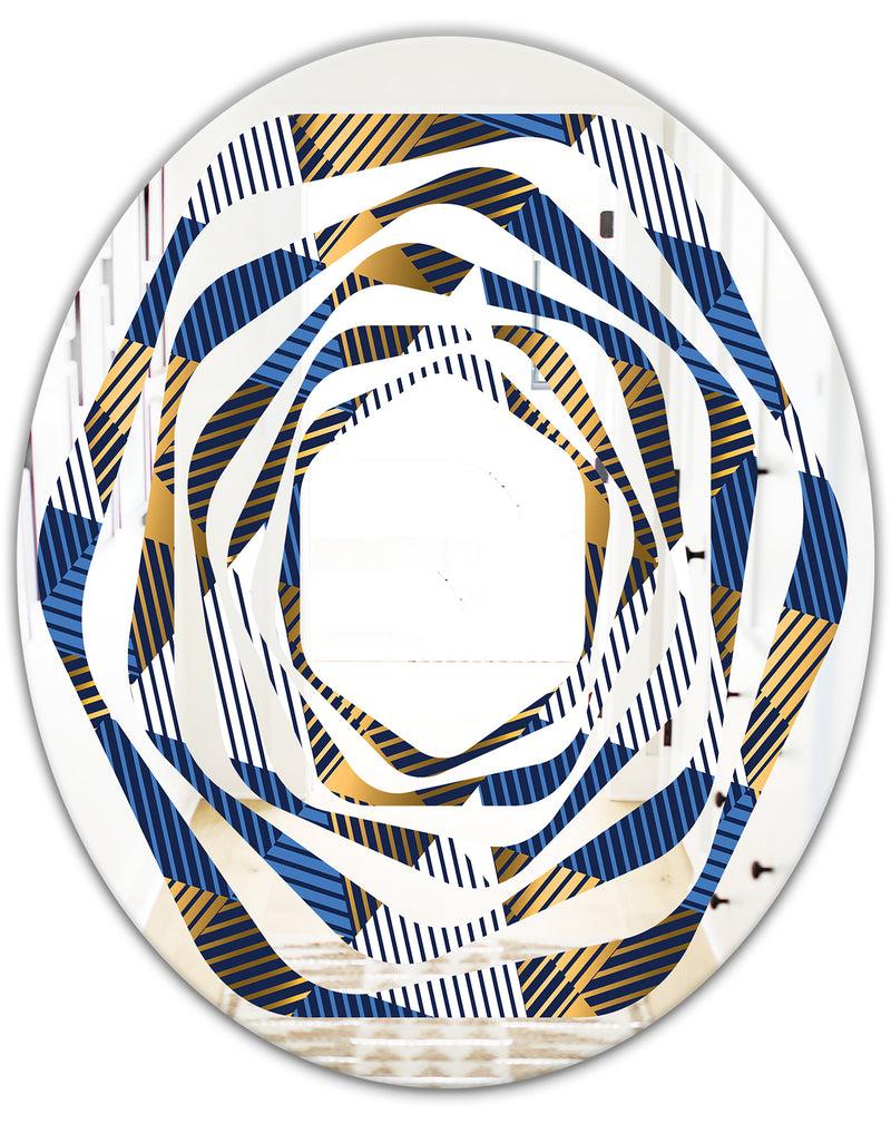 DesignQ Retro Luxury Waves In Gold And Blue V - Modern Round Or Oval Wall Mirror - Whirl