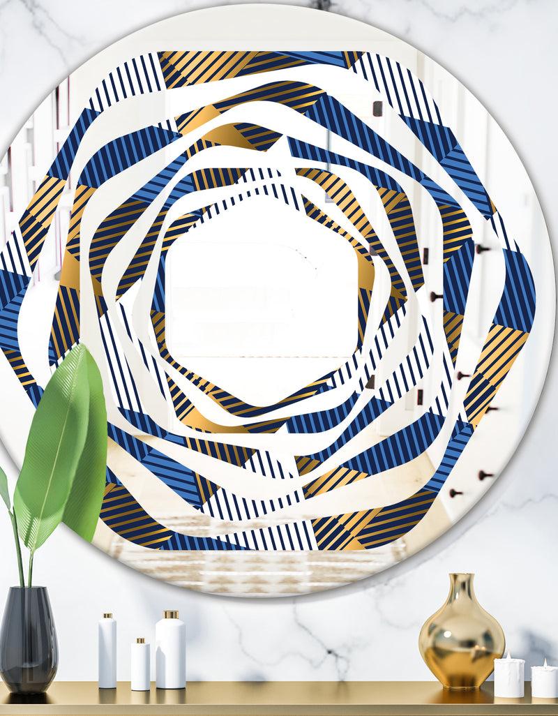 DesignQ Retro Luxury Waves In Gold and Blue V - Modern Round or Oval Wall Mirror - Whirl