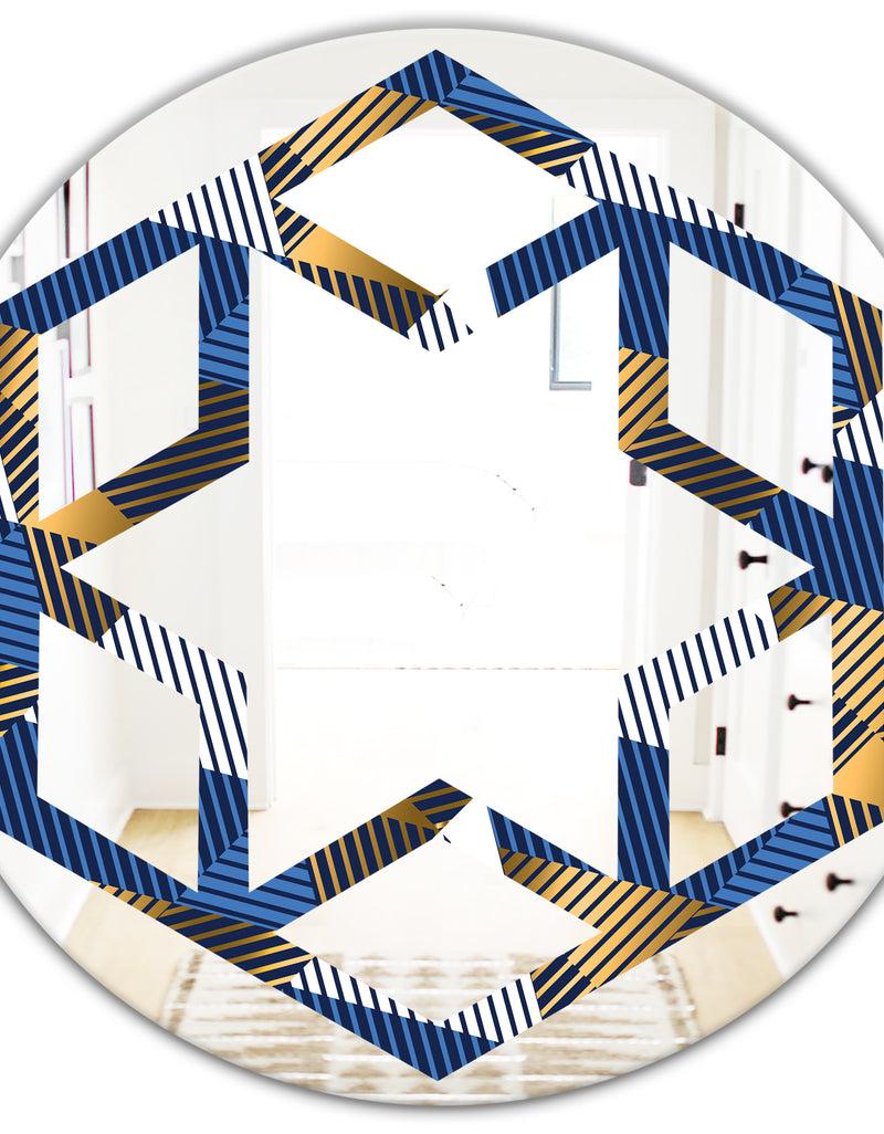 DesignQ Retro Luxury Waves In Gold And Blue V - Modern Round Or Oval Wall Mirror - Hexagon Star