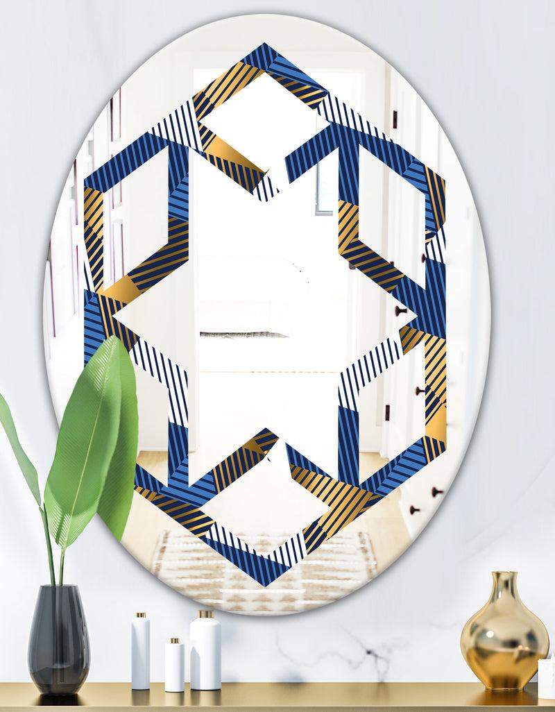 DesignQ Retro Luxury Waves In Gold And Blue V - Modern Round Or Oval Wall Mirror - Hexagon Star