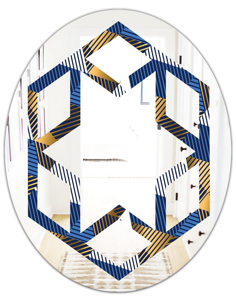 DesignQ Retro Luxury Waves In Gold And Blue V - Modern Round Or Oval Wall Mirror - Hexagon Star