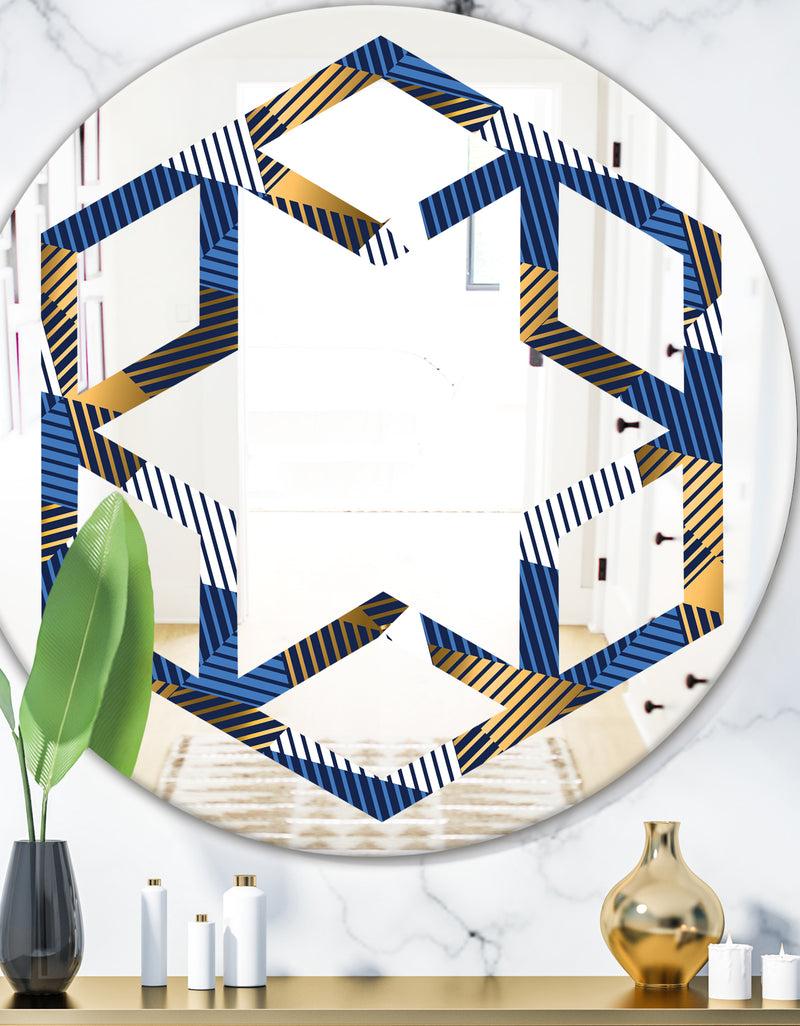 DesignQ Retro Luxury Waves In Gold and Blue V - Modern Round or Oval Wall Mirror - Hexagon Star
