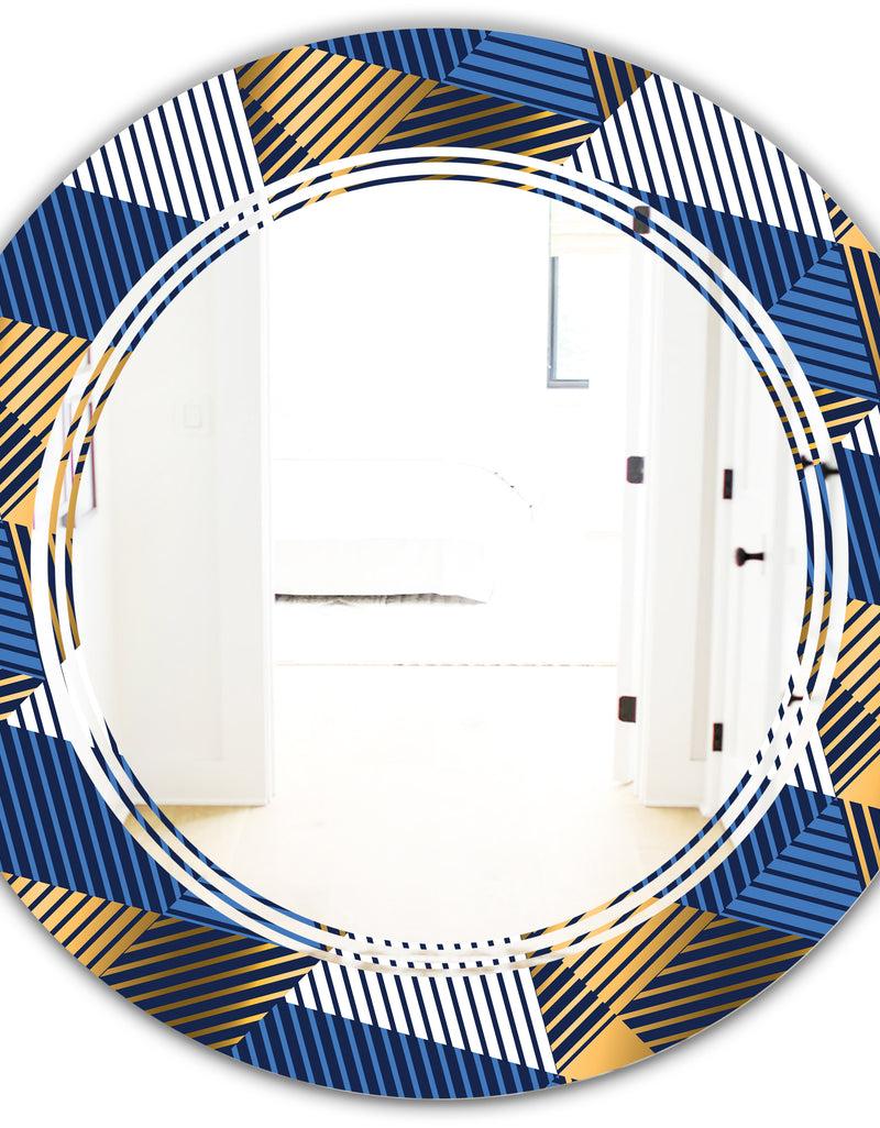 DesignQ Retro Luxury Waves In Gold And Blue V - Modern Round Or Oval Wall Mirror - Triple C