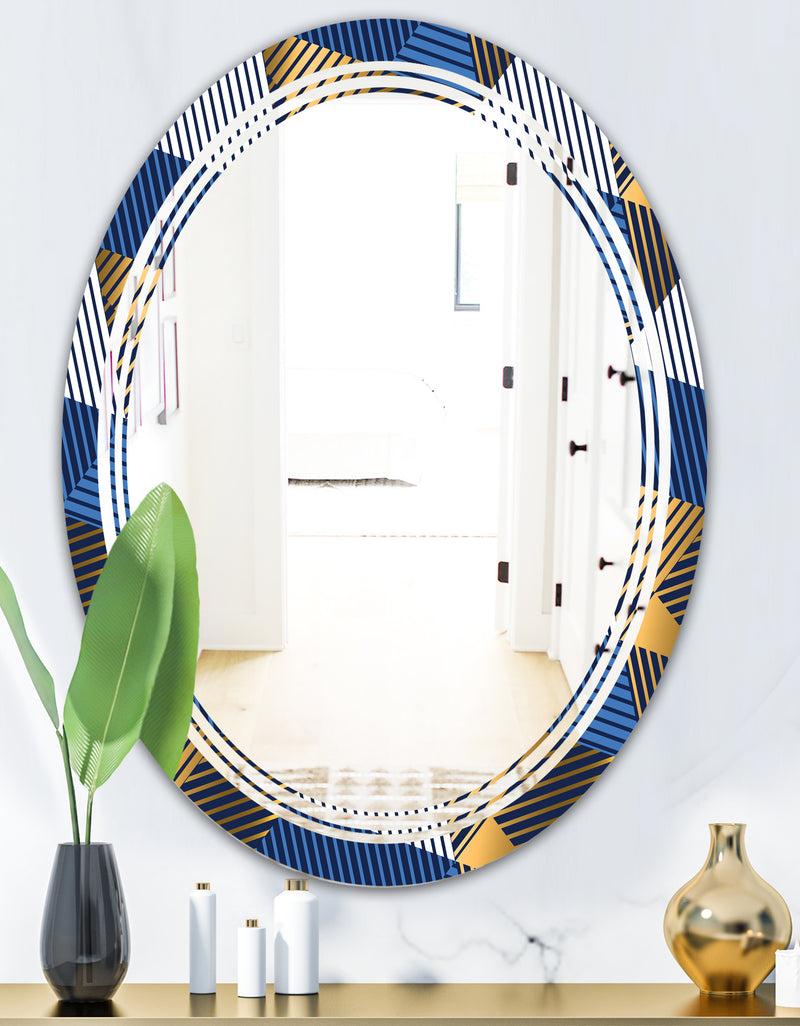 DesignQ Retro Luxury Waves In Gold And Blue V - Modern Round Or Oval Wall Mirror - Triple C