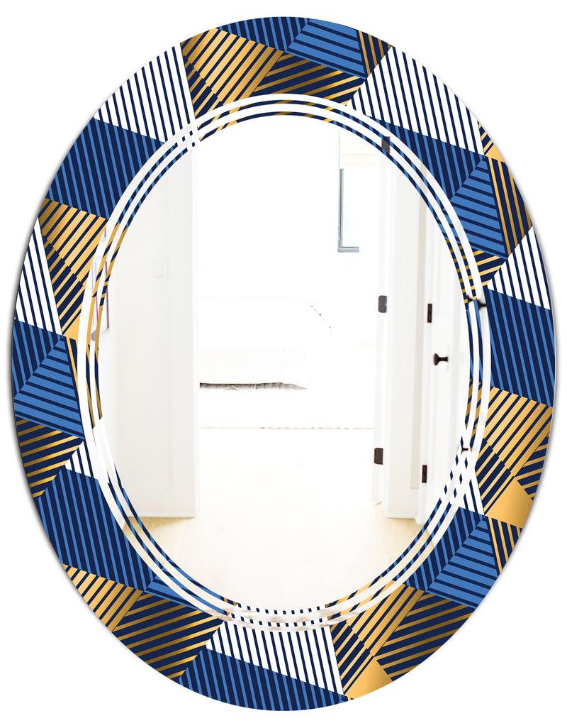 DesignQ Retro Luxury Waves In Gold And Blue V - Modern Round Or Oval Wall Mirror - Triple C