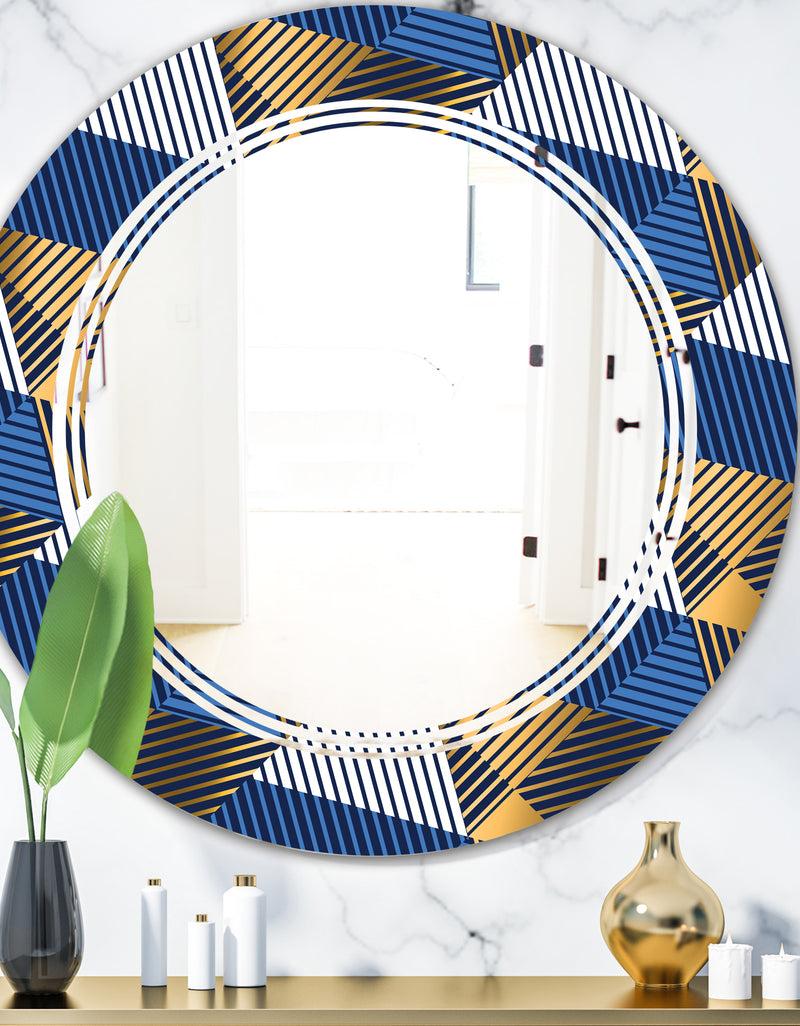DesignQ Retro Luxury Waves In Gold and Blue V - Modern Round or Oval Wall Mirror - Triple C