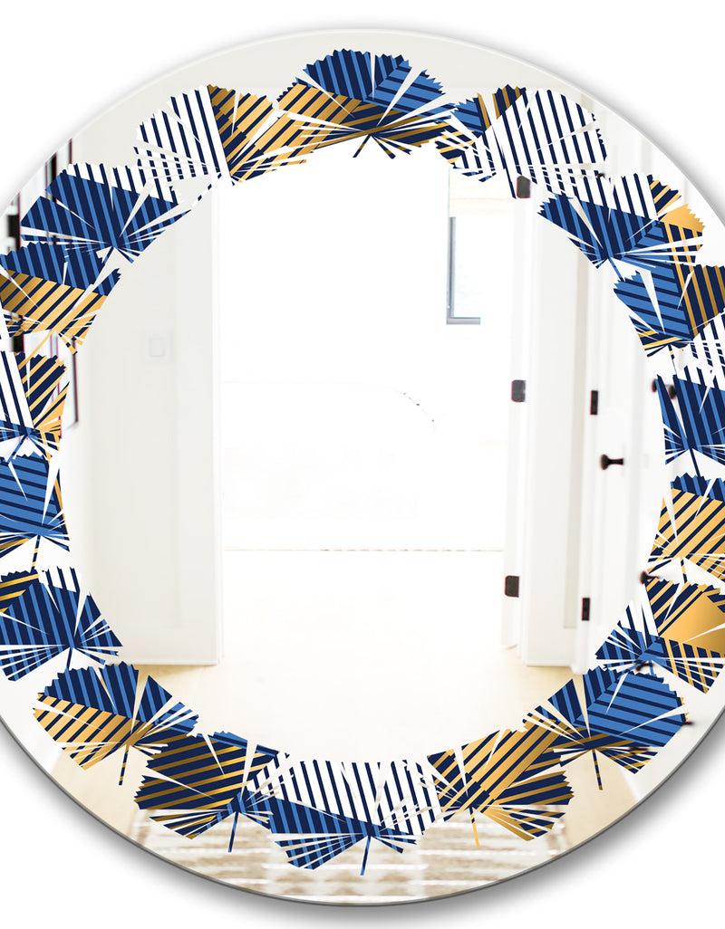 DesignQ Retro Luxury Waves In Gold And Blue V - Modern Round Or Oval Wall Mirror - Leaves