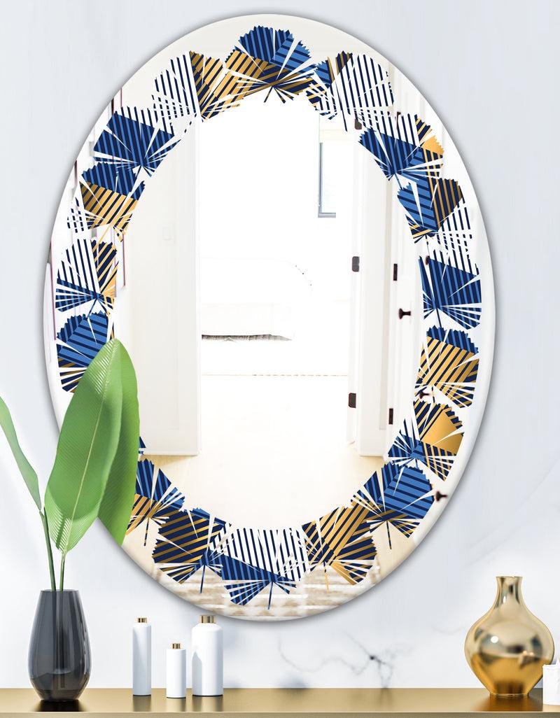 DesignQ Retro Luxury Waves In Gold And Blue V - Modern Round Or Oval Wall Mirror - Leaves